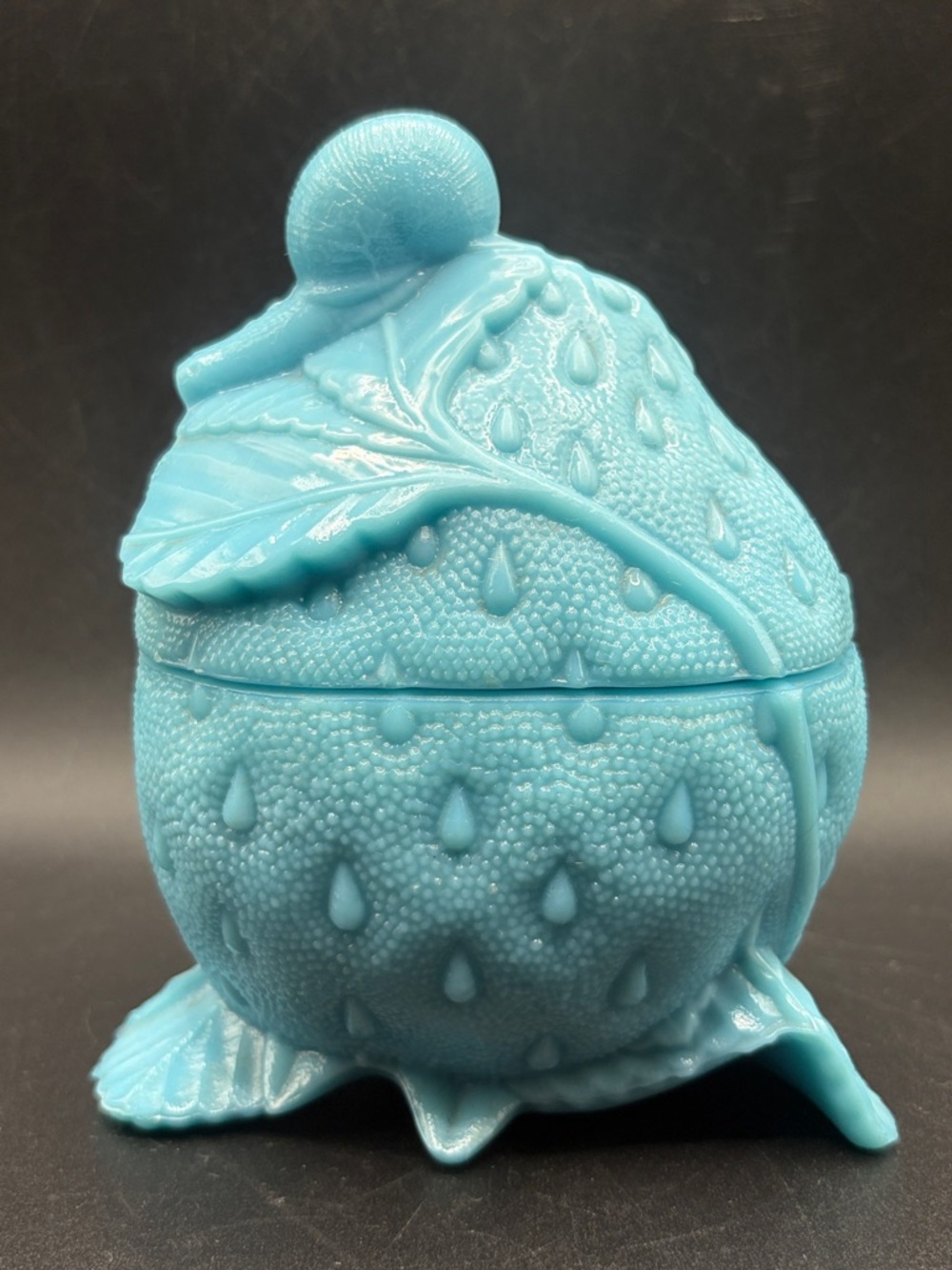 Portieux Blue Milk Glass Snail on Strawberry Lidded Dish Candy Bowl Trinket Box